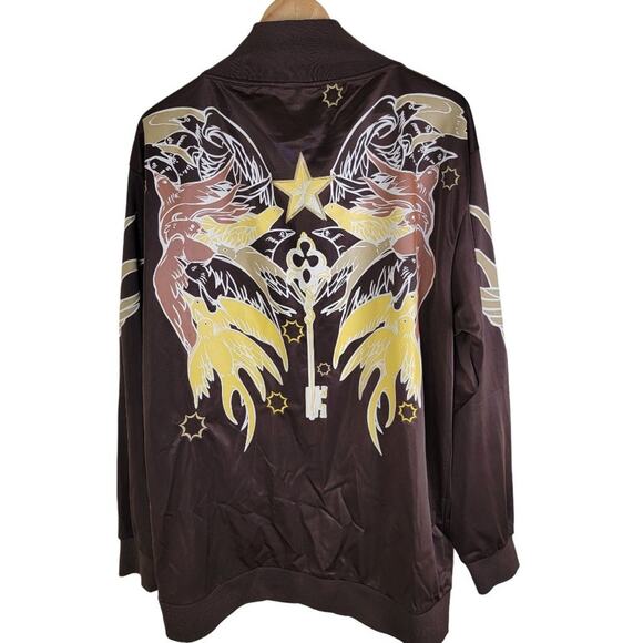 Jinzu Mens Y2K Birds Key Graphic Art Embroidered Bomber Jacket size XL Brown AOP - Picture 1 of 13